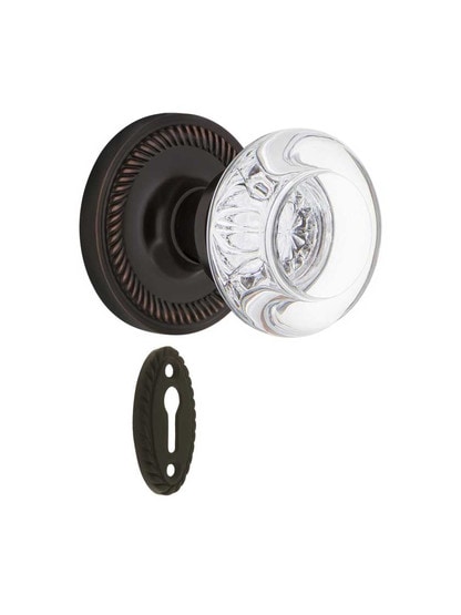 Rope Rosette Mortise-Lock Set with Round Crystal Glass Knobs in Timeless Bronze.